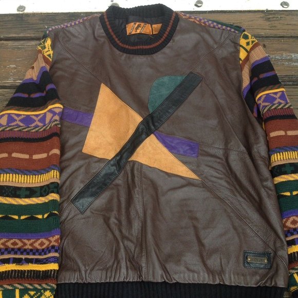Trutus Biancarra By Monobaik Sweater XL Vintage 80s Acrylic Leather Suede Brown - Picture 4 of 5
